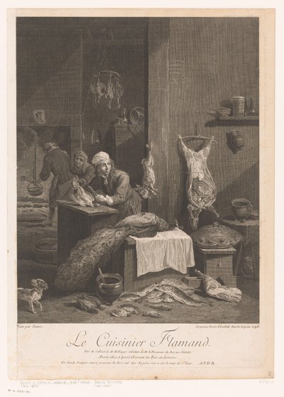 Escena de cocina con personal preparando la comida. Le Cuisinier Flamand (título sobre objeto) de Élisabeth Lépicié