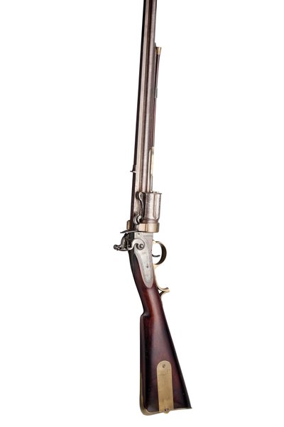 Rifle de chispa giratorio de cinco disparos con patente Collier de 28 calibres, c.1819-20 (madera, acero y latón) de Elisha Haydon Collier