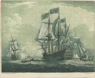 Escena de navegación con barco de guerra de Elisha Kirkall after Willem van de Velde the Younger