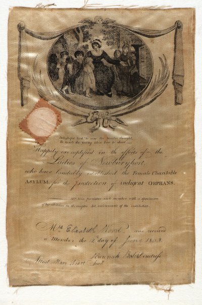 Certificado de afiliación al Asilo Femenino de Beneficencia de Eliza Cox Akin