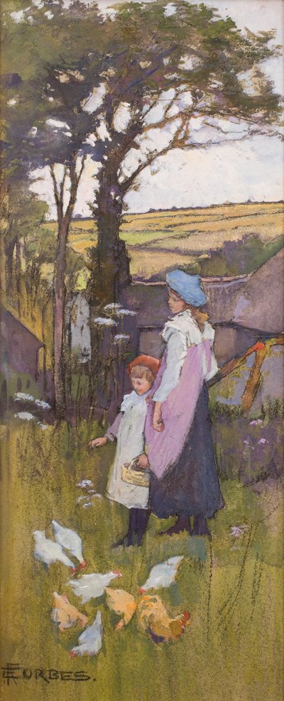 Dar de comer a las gallinas (Pastel y acuarela sobre tabla) de Elizabeth Adela Stanhope Forbes