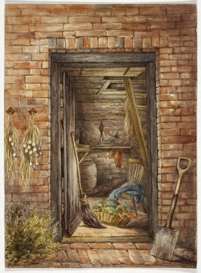 Muro de ladrillo con puerta abierta y pala de Elizabeth Murray