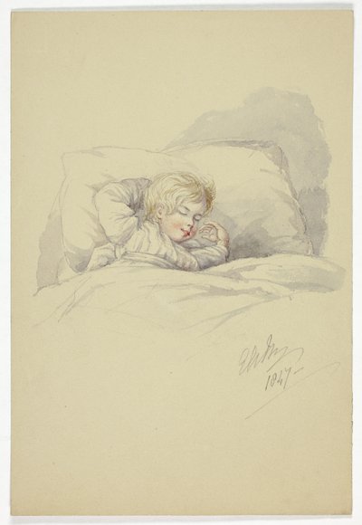 Niño dormido (recto), y Pescadores en el muelle (verso) de Elizabeth Murray