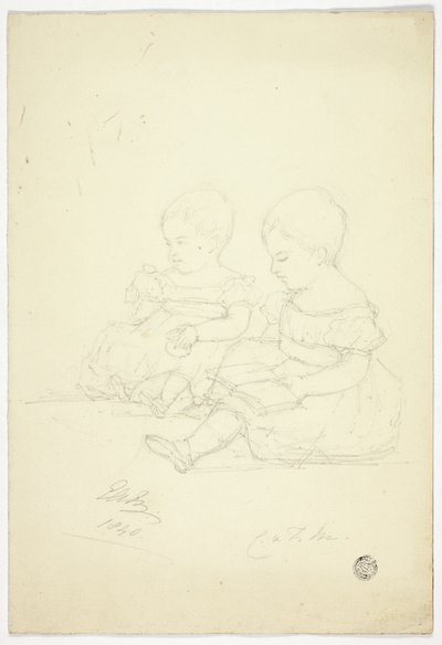 Dos Niñas Sentadas (recto), una Naturaleza Muerta y Dos Animales (verso) de Elizabeth Murray