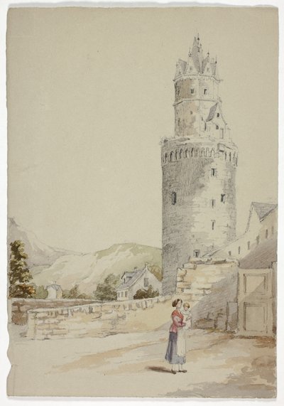 Mujer y niño frente a una ciudad amurallada con torre de Elizabeth Murray