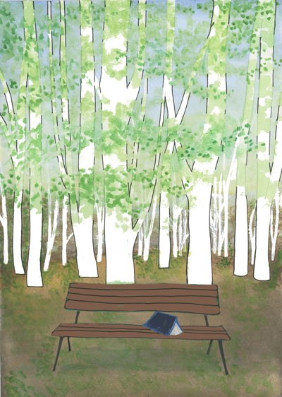 Banco en el bosque, 2017 (acuarela y collage) de Elizabeth Rider