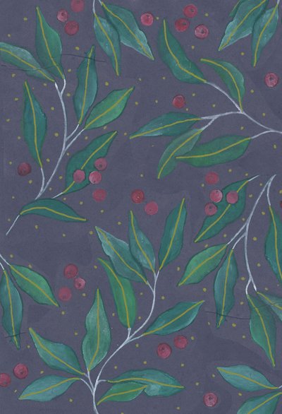 Hojas verdes con bayas, 2017 (acuarela y acrílico) de Elizabeth Rider