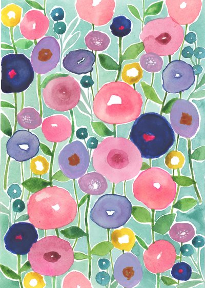Amapolas en flor sobre fondo aqua, 2018 (acuarela) de Elizabeth Rider