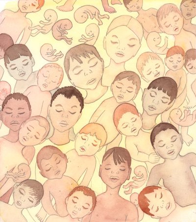 Todos esos niñitos que han muerto y que estaban libres de pecado personal -ya sea porque abortaron, porque nacieron vivos pero murieron pronto, o porque vivieron gravemente discapacitados e incapaces de elegir- son ahora felices, 2005 (acuarela sobre papel de Elizabeth Wang