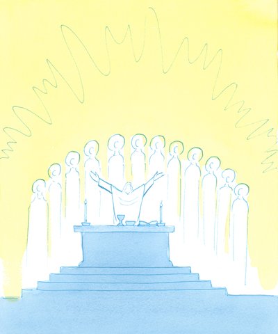 Alabamos a Dios en la Misa, con y a través de Cristo, lo alabamos con toda la Iglesia, que incluye a los Santos del Cielo - aquí rodeando el altar - y las Almas Santas de Elizabeth Wang