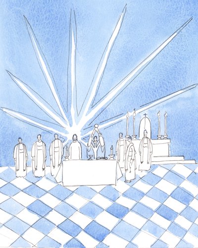 En la Consagración en la Misa, en Blackfriars en Oxford, vi a Cristo de pie detrás del altar, con los sacerdotes dominicos que estaban concelebrando. de Elizabeth Wang