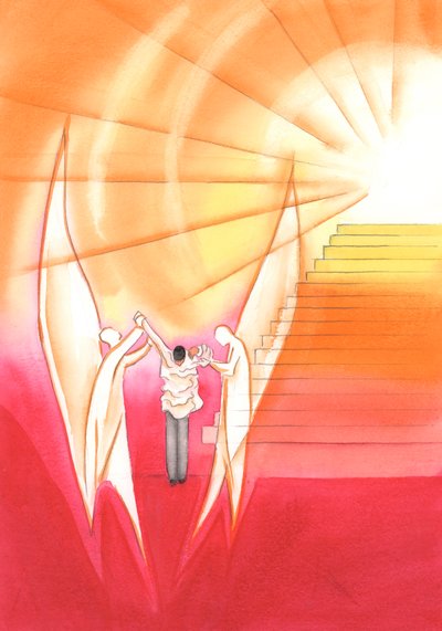 Al final de su vida, un sacerdote fiel es ayudado por los Ángeles a ponerse una alba resplandeciente para que pueda ascender la escalera al trono del Padre, 2002 de Elizabeth Wang