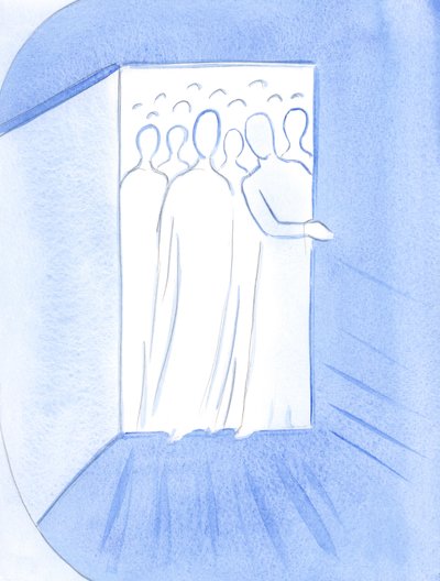 En este santuario, la puerta del Cielo se abrió de par en par, la luz del Cielo se derramó en nuestra oscuridad, y los Santos Sagrados estaban ansiosos por saludarnos. de Elizabeth Wang