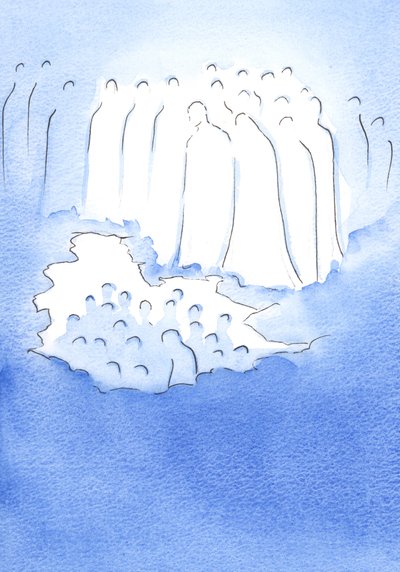 Cristo y sus santos en el cielo miran con gran ternura a sus amigos en la tierra que meditan en su Pasión de Elizabeth Wang