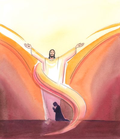 Cristo está realmente presente en el tabernáculo, constantemente orando por nosotros, con los brazos extendidos en oración hacia el Padre arriba, a quien Cristo ve morando en la gloria que aún no podemos ver. de Elizabeth Wang