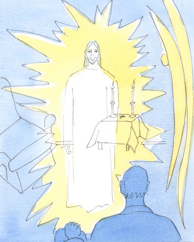 Cristo nuestro Dios que reina en Gloria Eterna, está Realmente Presente en el Santísimo Sacramento en la iglesia, y en los hogares de los enfermos que reciben la Sagrada Comunión de Elizabeth Wang