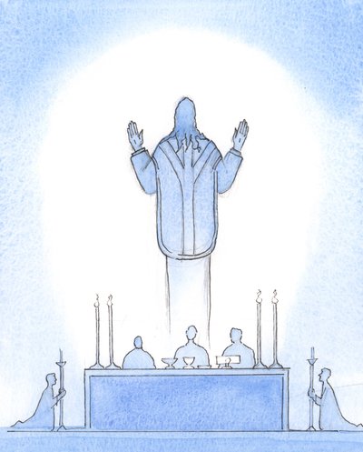Cristo nuestro Señor resucitado estaba presente sobre el altar, como si ascendiera del sepulcro, con las manos levantadas al Padre, intercediendo por nosotros que creemos en Él, nuestro Sumo Sacerdote de Elizabeth Wang