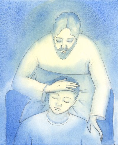 Cristo ve nuestro dolor y agotamiento, y viene a nosotros en la Sagrada Comunión para ofrecer consuelo y seguridad, como una madre acariciando el cabello de un niño. de Elizabeth Wang