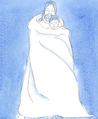 Cristo está a nuestro lado en la Sagrada Comunión, envolviéndonos en Su manto, como un hombre envuelve a un amigo en una tormenta, para mantener a su amigo cerca y darle protección, calor y consuelo de Elizabeth Wang
