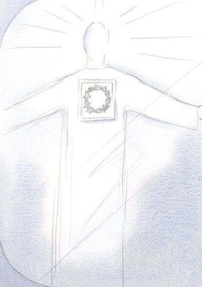 Cristo el Sumo Sacerdote aparece en majestad, Su manto lleva la imagen de la Corona de Espinas. de Elizabeth Wang