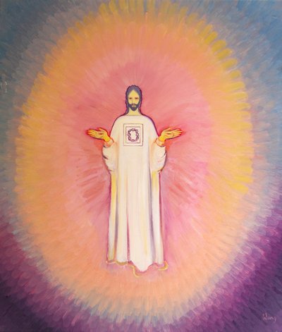 Cristo el Sumo Sacerdote aparece en majestad, Su túnica lleva la imagen de la Corona de Espinas de Elizabeth Wang