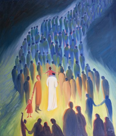 Cristo camina entre su pueblo, con los peregrinos y los enfermos, un niño sobre Sus hombros de Elizabeth Wang