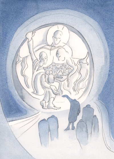 Cristo da la bienvenida al alma contrita y dispuesta en el corazón de la Santísima Trinidad. "Los que se esconden en Él no serán condenados" (Sal 33) de Elizabeth Wang