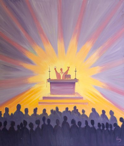 La luz y sabiduría de Dios se derraman sobre los reunidos alrededor del Cuerpo y la Sangre de Cristo en la Misa de Elizabeth Wang