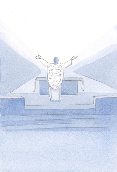 Vi a Cristo, después de la Consagración. Estaba ante el altar, con las manos levantadas, orando Sus oraciones sacerdotales (también nuestras) al Padre. de Elizabeth Wang