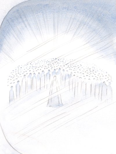 Vi a los santos empujándose, como si fuera, por el privilegio de ayudarnos, con la Virgen María en su centro, 2000 de Elizabeth Wang