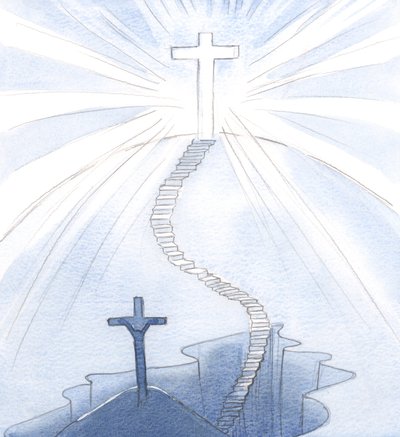 Vi la escalera hacia la alegría, y una cruz iluminada, ahora nuestro Santo y Radiante símbolo, plantada en el Cielo de Elizabeth Wang