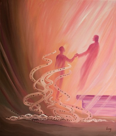En la Sagrada Comunión nuestros pequeños pecados caen como cenizas mientras Cristo nos eleva para compartir Su alegría, 2000 de Elizabeth Wang
