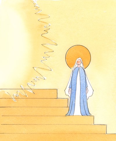 En una imagen de la Corte del Cielo, donde Dios el Padre reina en gloria, Nuestra Señora Bendita está colocada en los escalones que conducen al trono del Padre de Elizabeth Wang