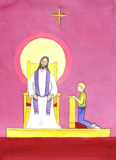 En el sacramento de la Confesión, el sacerdote ministra en la persona de Cristo, trayendo Su compasión y misericordia al penitente, 2001 de Elizabeth Wang