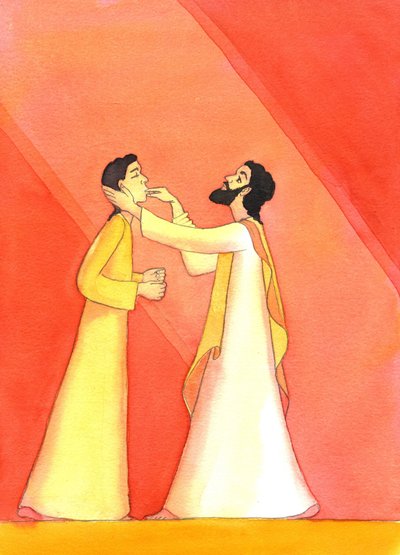 Jesús sana al hombre sordo, mientras levanta sus ojos al cielo, en oración, 2001 de Elizabeth Wang