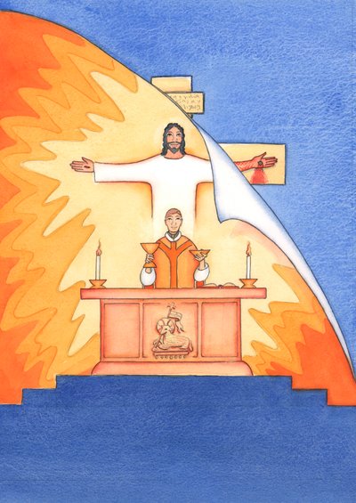 Jesús está presente con nosotros en la Misa, orando al Padre en nuestro nombre, por ayuda en nuestras necesidades y por la salvación eterna. Podemos unir todas nuestras oraciones con su gran oración sacrificial, 2004 de Elizabeth Wang