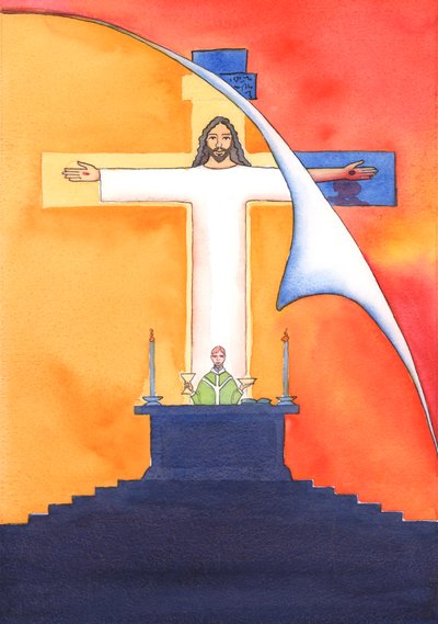 Jesús está Presente con nosotros en la Misa, orando al Padre en nuestro nombre, por ayuda en nuestras necesidades y por la salvación eterna. Podemos unir todas nuestras oraciones con su gran oración sacrificial. de Elizabeth Wang