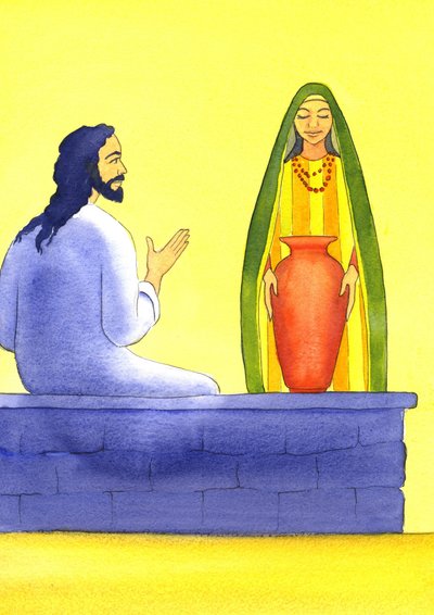 Jesús se encuentra con la mujer samaritana en el pozo, 2001 de Elizabeth Wang