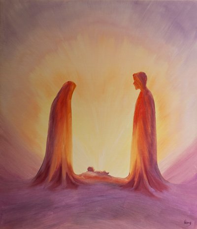 María y José miran con fe al niño Jesús en su Natividad de Elizabeth Wang