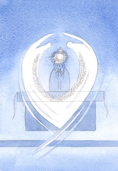 Al saludar a Cristo, el Rey, vi una Hostia rodeada de rayos, con una corona arriba, una guirnalda real abajo y Ángeles inclinándose en adoración de Elizabeth Wang