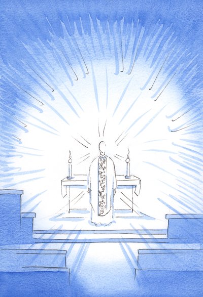 En la fiesta de la Visitación, Cristo apareció, vistiendo una casulla dorada en honor a Su Santa Madre María, 2002 de Elizabeth Wang