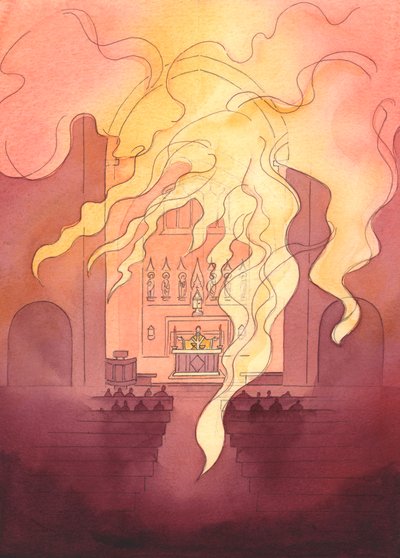 El Dios Todopoderoso y Majestuoso está presente con nosotros en nuestro santuario, como un fuego ardiente que se extiende por todo el edificio, 2003 de Elizabeth Wang