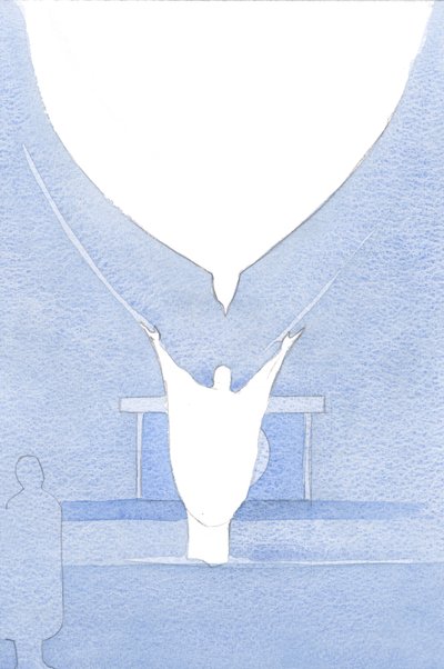 El Espíritu Santo - como con alas extendidas - estaba posado sobre la cabeza de Cristo, aceptando su ofrenda en el amor del Padre. de Elizabeth Wang