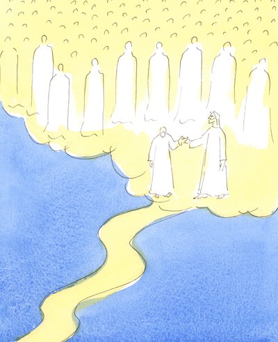 El alma bendita que ha perseverado hasta el final, en amor a Cristo y a su prójimo, es llevada de la mano por Cristo, para encontrarse con los amigos celestiales que están reunidos para darle la bienvenida a su compañía, 2004 de Elizabeth Wang