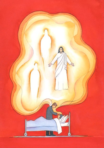Las bendiciones dadas en el sacramento de los enfermos son dones de la Santísima Trinidad, trayendo una renovada participación en la vida de la Santísima Trinidad, con perdón, paz y muchos otros dones, 2004 de Elizabeth Wang