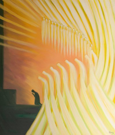 Los santos ángeles se inclinan con nosotros en oración reverente cada vez que damos gloria a Dios, 2001 de Elizabeth Wang