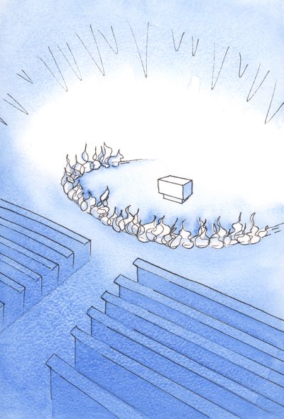 El santuario en una iglesia católica es un lugar sagrado, como si estuviera rodeado de fuego, y debemos prepararnos para ser más dignos al acercarnos al altar, 2001 de Elizabeth Wang