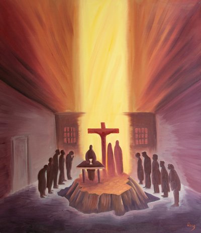 A través de la Misa estamos unidos con toda la Iglesia alrededor de la Cruz del Calvario. de Elizabeth Wang
