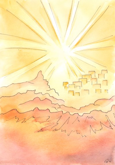 Vivir en la tierra en unión dichosa con Dios es vivir como si estuvieras en el borde de la Ciudad Celestial, en la cima de la montaña, muy por encima del camino oscuro abajo de Elizabeth Wang