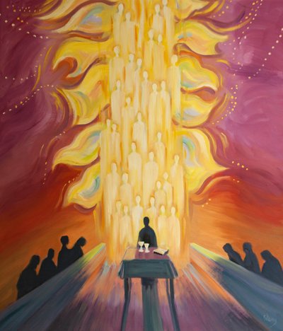 Nos unimos a los ángeles en la misa, que reflejan nuestra adoración, como si agitaran brillantes banderas de alegría, mientras celebramos la gloriosa resurrección de Cristo, 2000 de Elizabeth Wang
